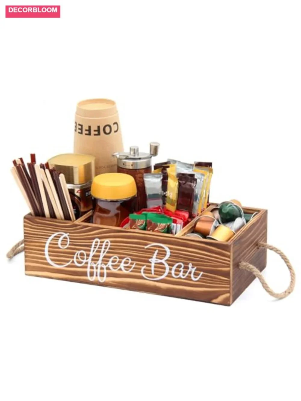 Rustic Wooden Coffee Pod Basket Organizer with Rope Handle